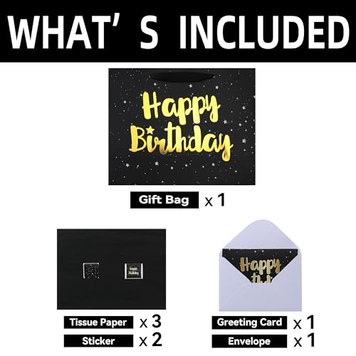 13" Large Black Gift Bag Set with Greeting Card and Tissue Papers (Stars and Gold Foil ‘Happy Birthday’) for Men's or Wome...