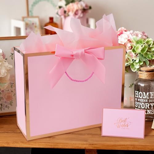 Plauthus Pink Gift Bag with Ribbon, 13" Large Gift Bag with Handle, Greeting Card & 2 Tissue Paper（Rose Gold Foil Frame） f...