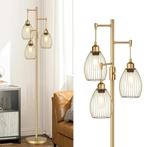 Dimmable Floor Lamp, Industrial Floor Lamps for Living Room, Gold Tree Lamp Standing Lamp Tall Lamps with 3 Elegant Teardr...