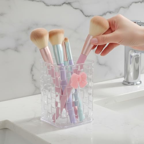 Hecila Makeup Brush Holder Pen Holder for Desk Acrylic Makeup Brush Holderswith Woven Texture Pencil Organizer with Bow El...