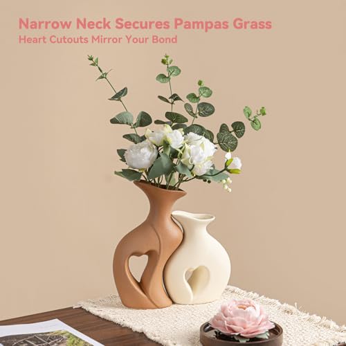 Heart Linked Couple Vase Set - 2-Pcs Beige & Brown Ceramic Vases with Hollow Heart Design, Romantic Gifts for Couples, Wed...