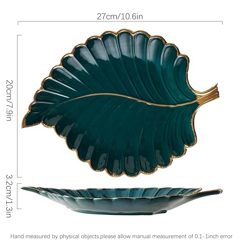 Disoza Jewelry Tray Ceramic Ring Holder Dish 10.6" x 7.9" Green Key Bowl Birthday Gifts for Women Leaf Aesthetic Coffee Ta...