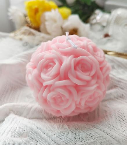 Rose Ball Shaped Aesthetic Scented Candle,380G Handmade Spherical Rose Flower Soy Wax Aroma Art Decorative Candle for Tabl...
