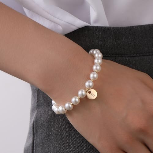 Miss Pink Initial Pearl Bracelet Flower Girl Bracelet Proposal Gifts for Girls, Dainty Gold Pearl Bracelets with Letter A-...