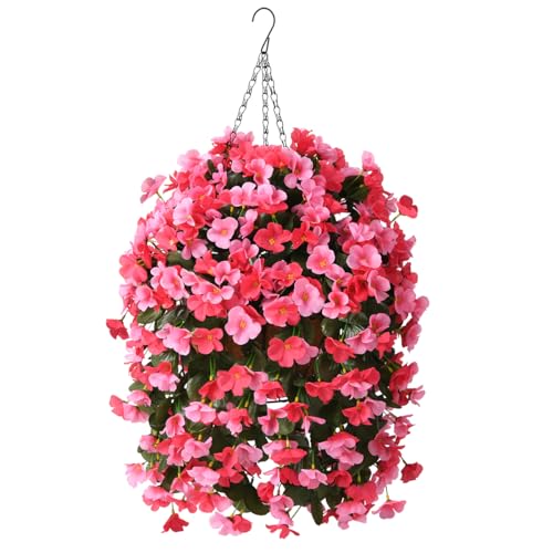 INQCMY Artificial Hanging Flowers Basket for Outdoors Spring Summer Decoration,Faux Silk Begonia in Planter Look Real UV R...