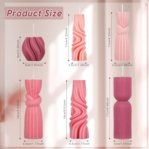 Threlaco 6 Pcs Pink Pillar Candles Decorative Modern Aesthetic Ribbed Candle Set Cute Soy Wax Scented Ribbed Decor Valenti...