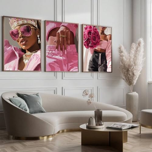 3Pcs Pink Fashion Black Woman Canvas Wall Art African American Women Wall Decor Funky Black Girl Posters prints Abstract F...