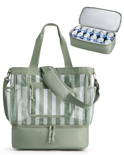 BAGSMART Beach Bag for Women, Mesh Tote Bags with Zipper, Sandproof Vacation Essentials with Cooler for Swim Cruise Pool