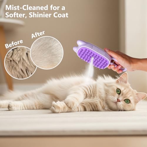 Rechargeable Cat Steam Brush with Mist Spray, 3-in-1 Pet Steam Brush for Long and Short Haired Cats and Small Dogs, Anti-S...