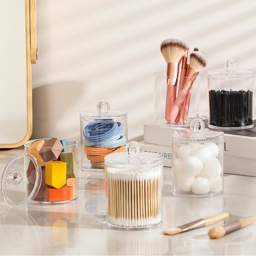 4 Pack Acrylic Qtip Holder Dispenser for Cotton Swabs, Balls, Pads, Floss Picks- Small Clear Acrylic Canister Apothecary J...