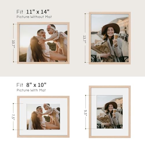 puthiac 11x14 Solid Oak Wood Picture Frame, Fits 8x10 with Mat or 11x14 Without Mat, Wall Display Only, Vertical or Horizo...