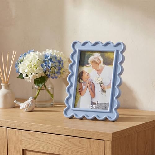 AceOrbit 4x6 Inches Haze Blue Flower Wavy Picture Frame Cute Wavy Edge Wooden Real Glass Photo Frame for Desktop Display H...