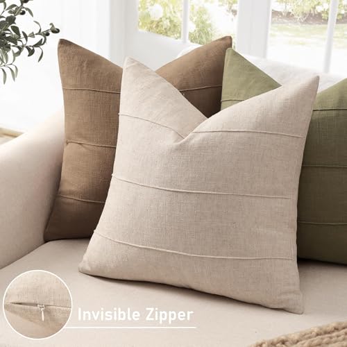 Decorative Linen Throw Pillow Covers 18x18 Set of 2 Solid handcrafted Striped Cushion Covers for Bed Soft Modern Farmhouse...