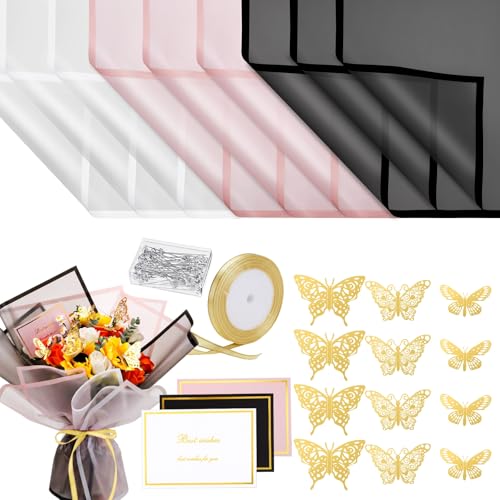 93 Pcs Floral Bouquet Wrapping Paper Kits, 20 Sheets Waterproof Flower Wrapping Paper 10 Greeting Cards 12 Gold Butterfly ...