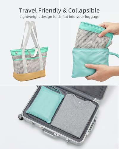 BOXNIEN Mesh Beach Bag for Women - Large Foldable Tote with Waterproof Sandproof Bottom plus Zippered Top and 7 Pockets Li...