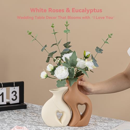Heart Linked Couple Vase Set - 2-Pcs Beige & Brown Ceramic Vases with Hollow Heart Design, Romantic Gifts for Couples, Wed...
