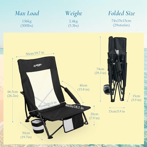 ARURU Low Folding Beach Chairs for Adults 2 Pack, Portable Lightweight Sling Beach Camping Chair with Cup Holder,Armrest,F...