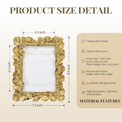 Cuspin 5x7 Picture Frame, Vintage Ornate Gold Resin Frame with Glass Front, Ginkgo Leaf Textured Photo Frame for Wall Hang...