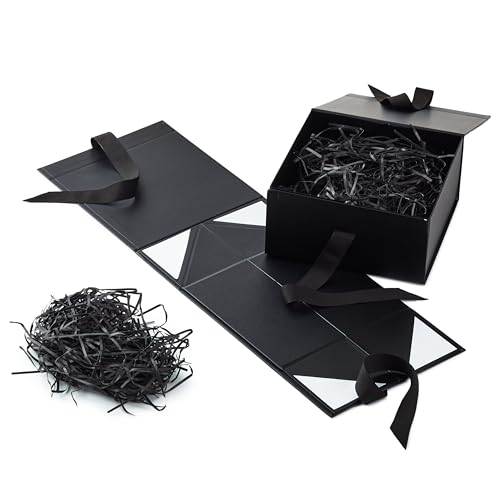 Hallmark Medium Gift Boxes with Bow and Shredded Paper Fill, Pack of 2 (Black 8 inch Box) for Weddings, Graduations, Birth...