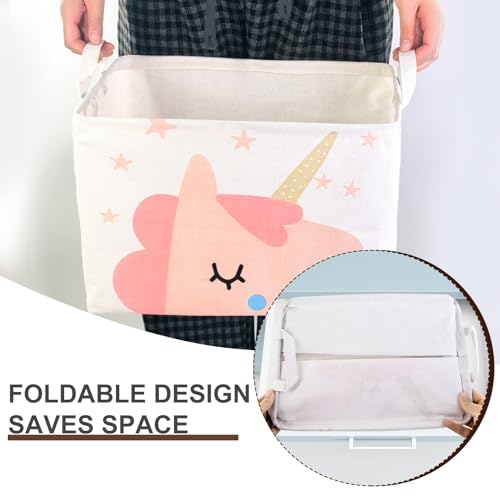 Mziart Cute Unicorn Pink Basket Empty, Rectangle Kids Storage Basket with Handles, Collapsible Nursery Baby Toy Basket for...