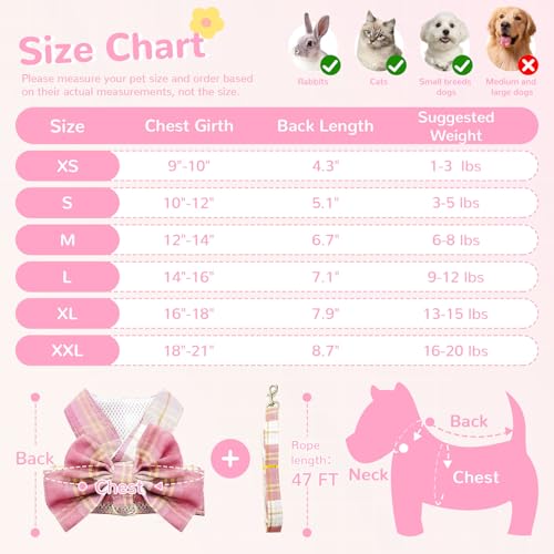 UETZLTB Cute Dog Harness and Leash Set with Bow Tie Soft Mesh Plaid Girl Puppy Harness No Pull Pet Cat Dog Vest Harness fo...