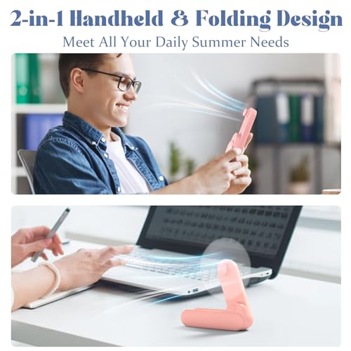 Lerat Portable Handheld Fan, 2 IN 1 Mini Hand Fan, Battery Operated [8-15 Working Hours], USB Rechargeable Personal Foldab...
