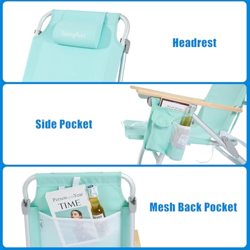 SUNNYFEEL Low Back Folding Beach Chair, Aluminum Heavy Duty Beach Chair with 5-Position, Portable Camping Chair for Adults...