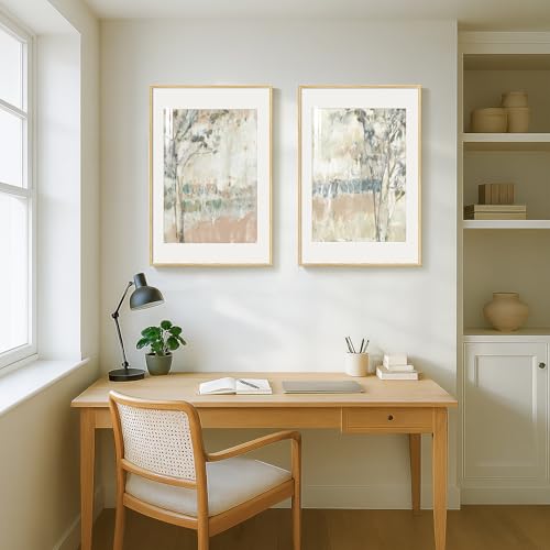 Framed Neutral Abstract Landscape Wall Art for Bedroom, Set of 2 Tree Canvas Large Artwork for Living Room Walls, Modern N...