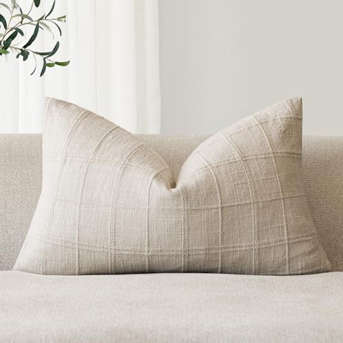 Foindtower Set of 1 Decorative Linen Check Throw Pillow Cover Neutral Farmhouse Lumbar Cushion Cover Modern Boho Home Deco...