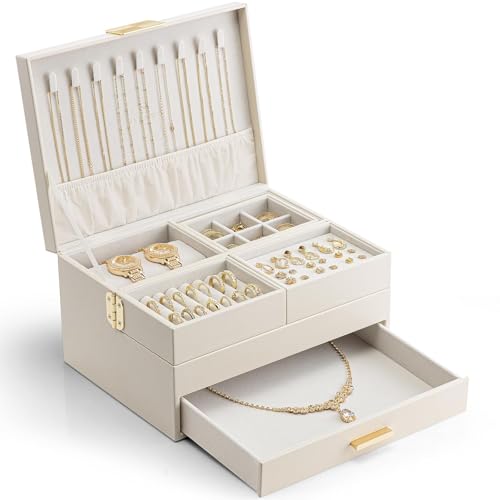 VLANDO 3 Layer Jewelry Box - Women Jewelry Box with Retractable Tray - Jewelry Organizers with Drawer for Necklaces, Ring...