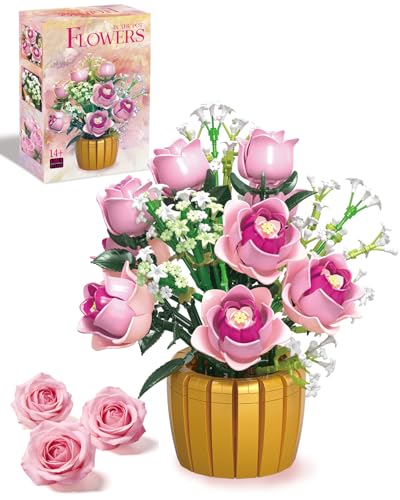 Mavo brix Pink Rose Building Set for Adults, Botanical Flowers Bouquet with Vase, Home Décor Centerpiece, Gift for Women, ...
