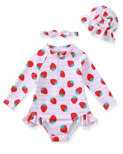 Yhnslsf Baby Swimsuit Girl Summer One-Piece Infant Bathing Suit with Hat Long Sleeve Ruffle Zipper Rash Guard Beach Swimwear