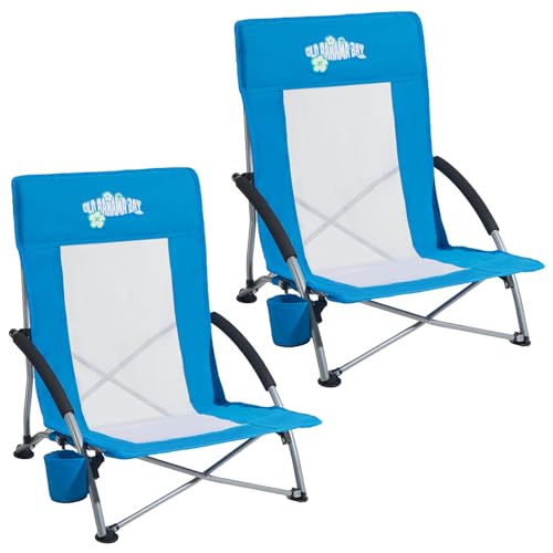 Old Bahama Bay Folding Beach Chair 2 Pack, Beach Chairs for Adults Low Beach Camping Chair with Cup Holder Mesh Back for O...