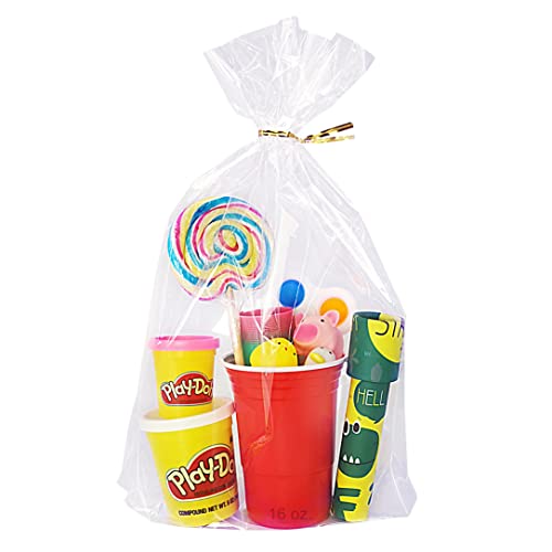 Wowfit 50 CT 10x14 inches Clear Bottom Gusset Cellophane Gift Bags with 6" Gold Twist Ties, Cello Packaging for Party Favo...