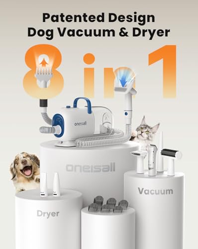 oneisall Dog Vacuum & Dryer for Shedding Grooming, 8 in 1 Dog Grooming Kit with Metal Blade Pet Clippers, Adjustable Speed...