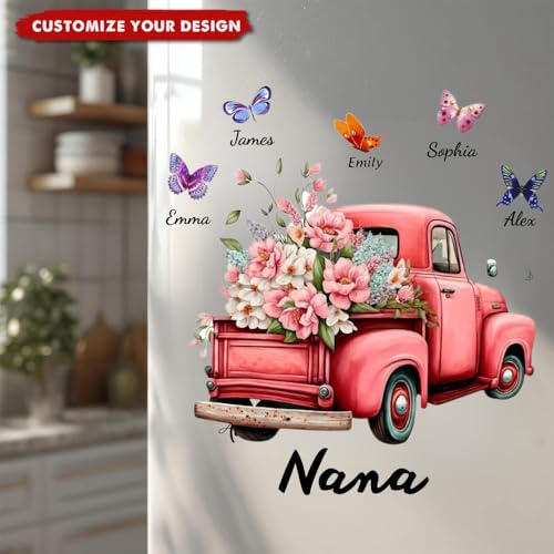Grandma Pink Floral Truck Butterfly Sticker, Grandma Floral Butterfly Fridge Decal with Grandkids Names, Colorful Butterfl...