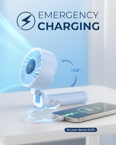 Peiyuu Portable Fan, 4000mAh Rechargeable, 180° Foldable Mini Desk Fan with 6 Wind Speed, LCD Digital Display, Lanyard as ...