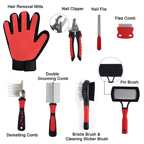 Wisedog Dog Grooming Kit 8PCS - Pin & Bristle Brush, Slicker Brush, Dematting Tool, Nail Clipper, Hair Removal Mitts, Flea...