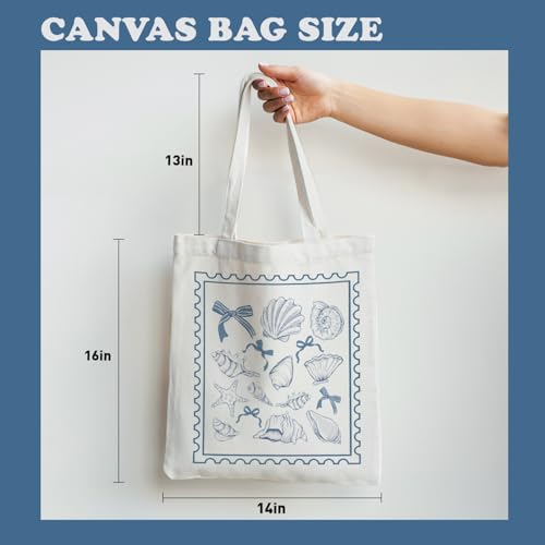 Puuonnnnno Blue Seashells Stamp Canvas Tote Bag for Woman Lady Friends, Canvas Shoulder Bag Reusable Grocery Shopping Bag
