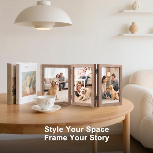 TOFOREVO 4x6 3 Picture Frame Triple Wooden Three Hinged Photo Frame Definition Glass Stand Vertically on Desktop or Tabletop
