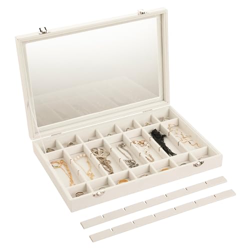 Frebeauty Velvet Jewelry Tray,35 Grid Jewelry Organizer with Clear Lid,Earring Holder Organizer Case with Clasp,Drawer Ins...