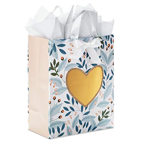 Hallmark 13" Large Gift Bag with Tissue Paper (Green Foliage, Gold Heart) for Weddings, Engagements, Anniversaries, Bridal...