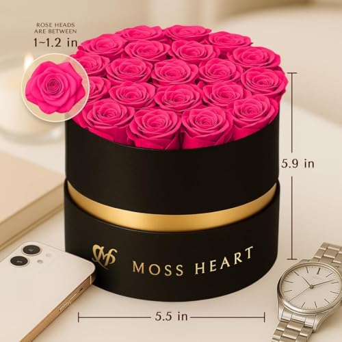 Moss Heart 20 Mini Preserved Roses, Round Luxury Gift Box, Real Forever Roses Last 1+ Year, Premium Romantic Gift for Wome...