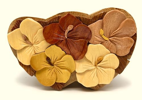 Love in Bloom – Handcrafted Wooden Heart Puzzle Box with Floral Carving | Secret Compartment Keepsake Gift for Anniversar...