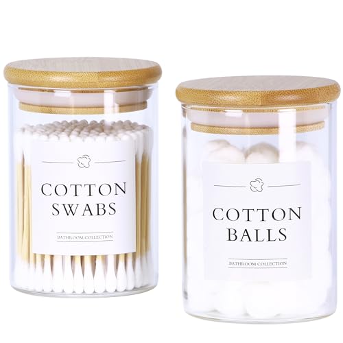 INIUNIK 2 Pack Qtip Holder Dispenser - Glass Apothecary Jars with Lids, Cotton Ball Pad Swab Round Holder, Bamboo Bathroom...