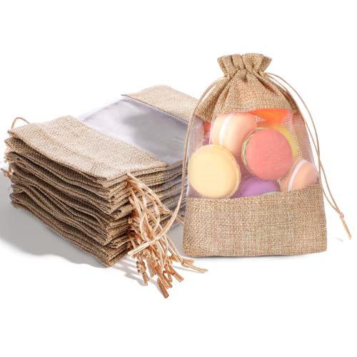 Bruislard 12 Pack Burlap Drawstring Gift Bags 5''x7'' Burlap Gift Favor Bags Organza Sheer Pouches with Drawstring Treat S...