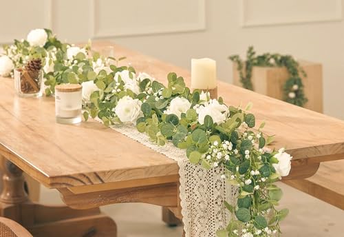 Anna's Whimsy 5.91FT Artificial Eucalyptus Garland with Flowers, Fake Flower Rose Gypsophila, Faux Floral Greenery Garland...