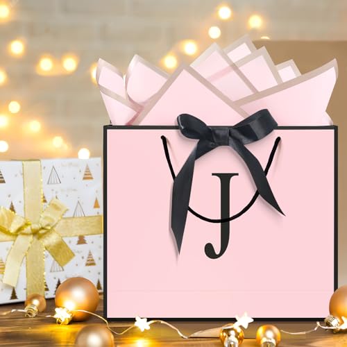 QLSKO Personalized Initial Paper Bag for Women Grils,Monogrammed Gift Bag with Bow Ribbon,Wrapping Tissue and Card Matchin...