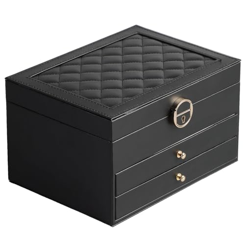 GUOER Jewelry Box for Women Girl Wife 3 Layers Large PU Leather Jewelry Organizer Storage Case with Two drawers Display fo...