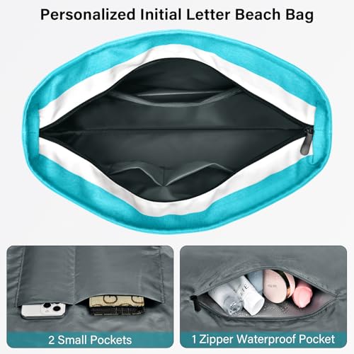 Becokan Beach Bag Initial Beach Tote with Makeup Bag for Travel Work Storage Personalized Birthday Gifts for Women Her